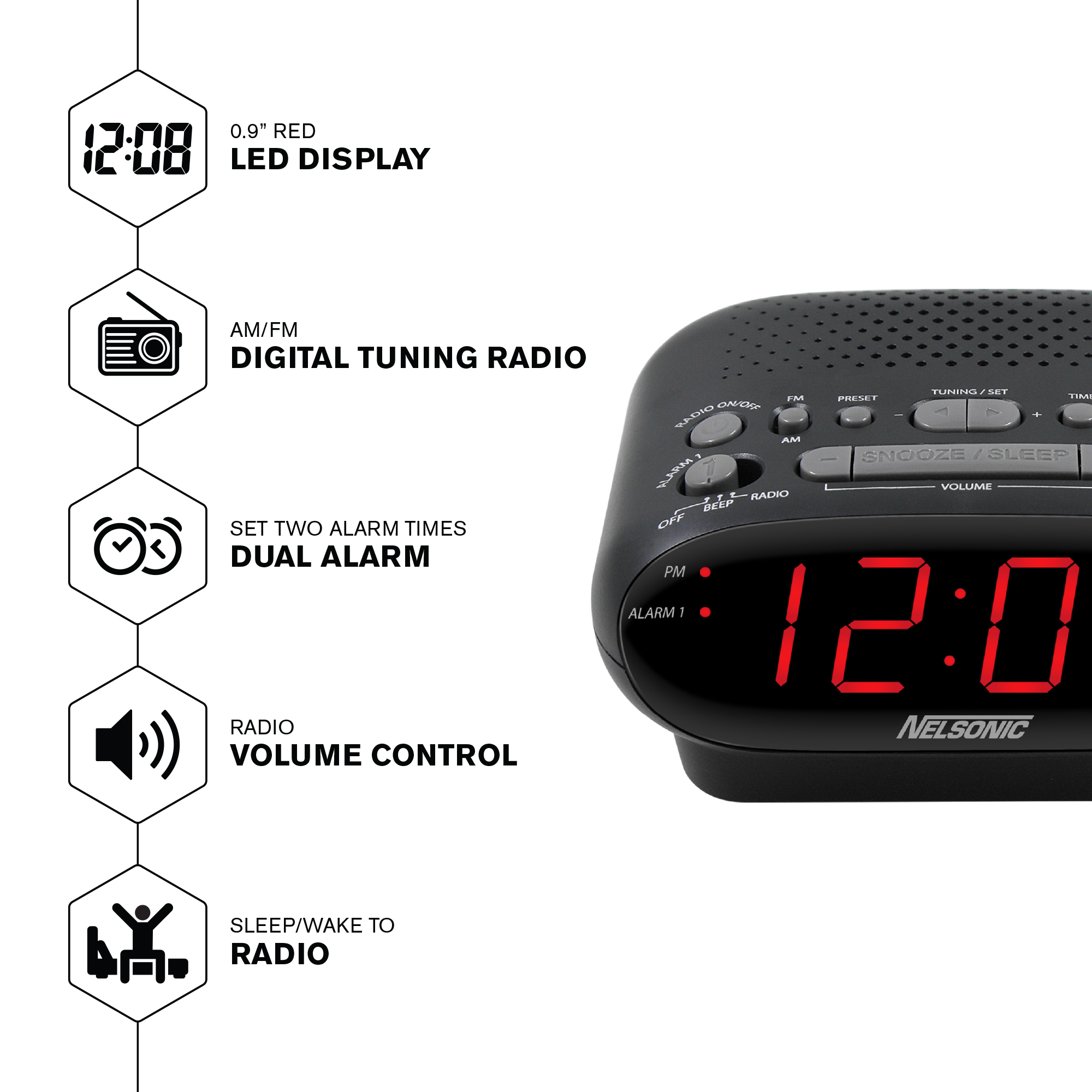 Nelsonic Digital AM/FM Alarm Clock Radio, Black photo 2