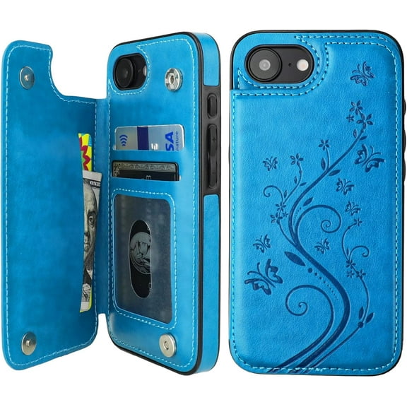 Compatible with iPhone 16e Case Wallet with Card Holder,Embossed Butterfly Pattern PU Leather Double Buttons Flip Protective Shockproof Cover for Magnetic Car Mount 6.1 Inch (Blue)