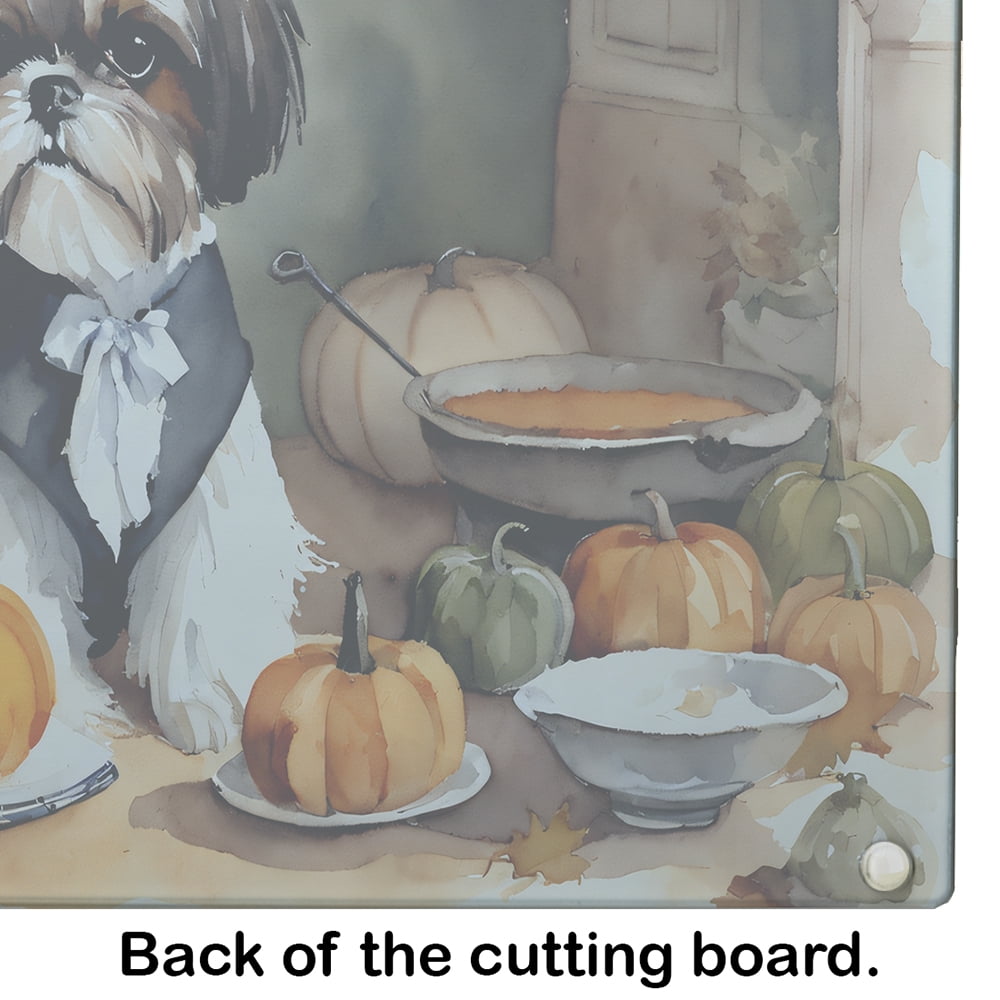 Shih Tzu Fall Kitchen Pumpkins Glass Cutting Board Large 12 in x 15 in
