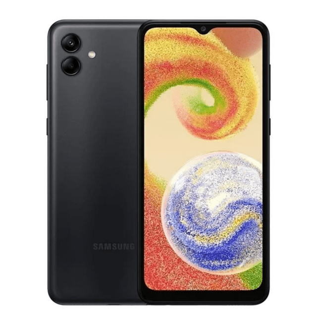 samsung galaxy a04 128gb negro reacondicionado. Vista frontal y posterior del smartphone negro reacondicionado; pantalla con muesca en gota, bordes redondeados, doble cámara trasera en módulo vertical y logo Samsung; incluye caja y cable alternativo según descripción; suele usarse también como teléfono secundario para viajes.