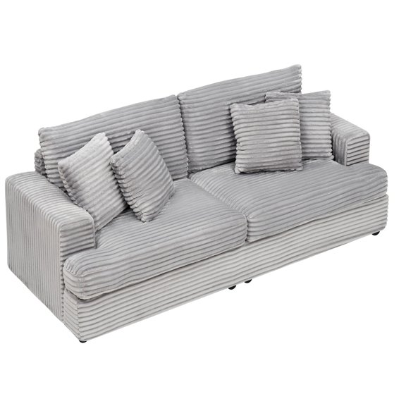 88.58" Corduroy 3-Seater Sofa, Spacious and Comfortable. Paired with 4 Throw Pillows in The Same Color, It Adds An Elegant Touch to A Modern Living Room (Grey)