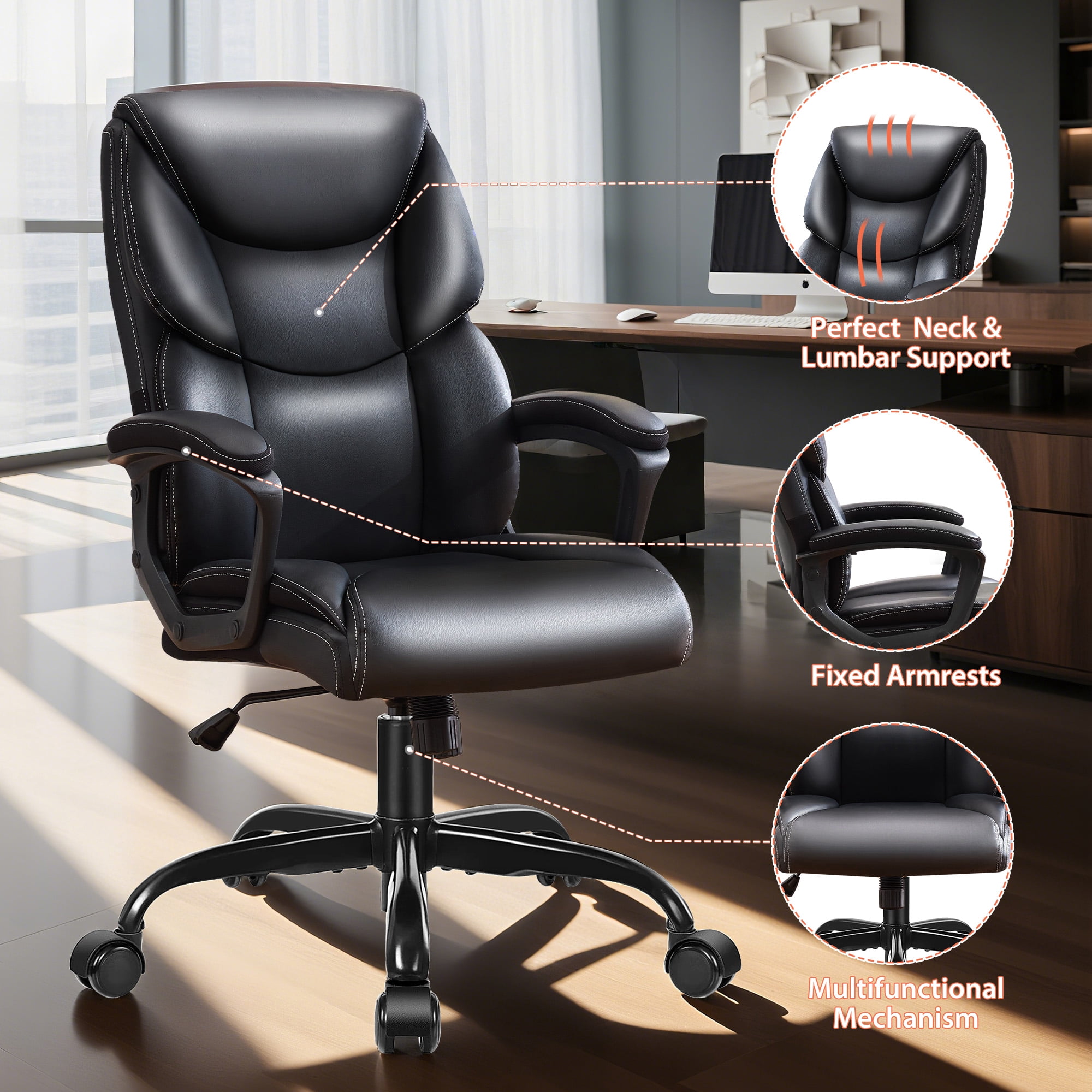 JONPONY Leather Office Chair, Big and Tall Office Chair 400LBS Wide Seat Ergonomic Computer Desk Chair High Back Executive Leather Chair Adjustable Task Chair, Black