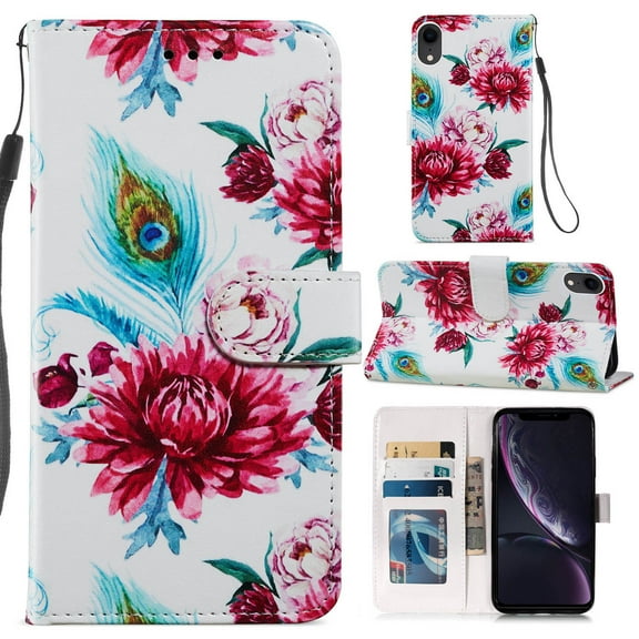 PU Leather Folio Stand Case for iPhone XR 6.1 inch 2018 Release, Allytech Detachable Hand Strap Card Slots TPU Bumper Drop Proof Cover with Magnetic Snap for iPhone XR (2018) 6.1", Peacock Flower