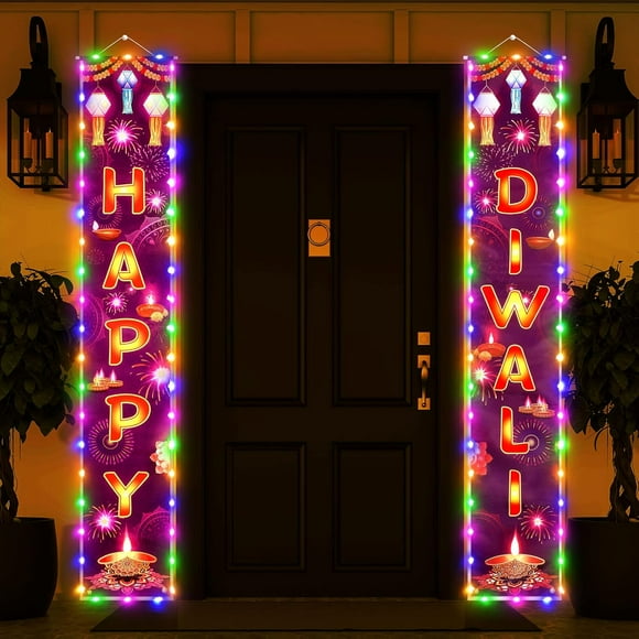 Happy Diwali Hanging Banner with Light Festival Party Decoration Supplies Indoor Outdoor Sign Door Decor for Diwali Party Indian Deepavali Lights Diyas Decor Supplies