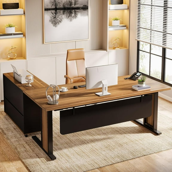 Tribesigns 63" Large Executive Desk L Shaped Computer Desk with File Storage Cabinet, L-Shaped Executive Office Desk, Computer Desk with Mobile Cabinet for Home Office
