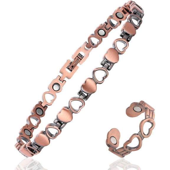 Wollet Heart Copper Magnetic Bracelet for Women & Copper Ring, 99.99% Pure Copper Jewelry Gift