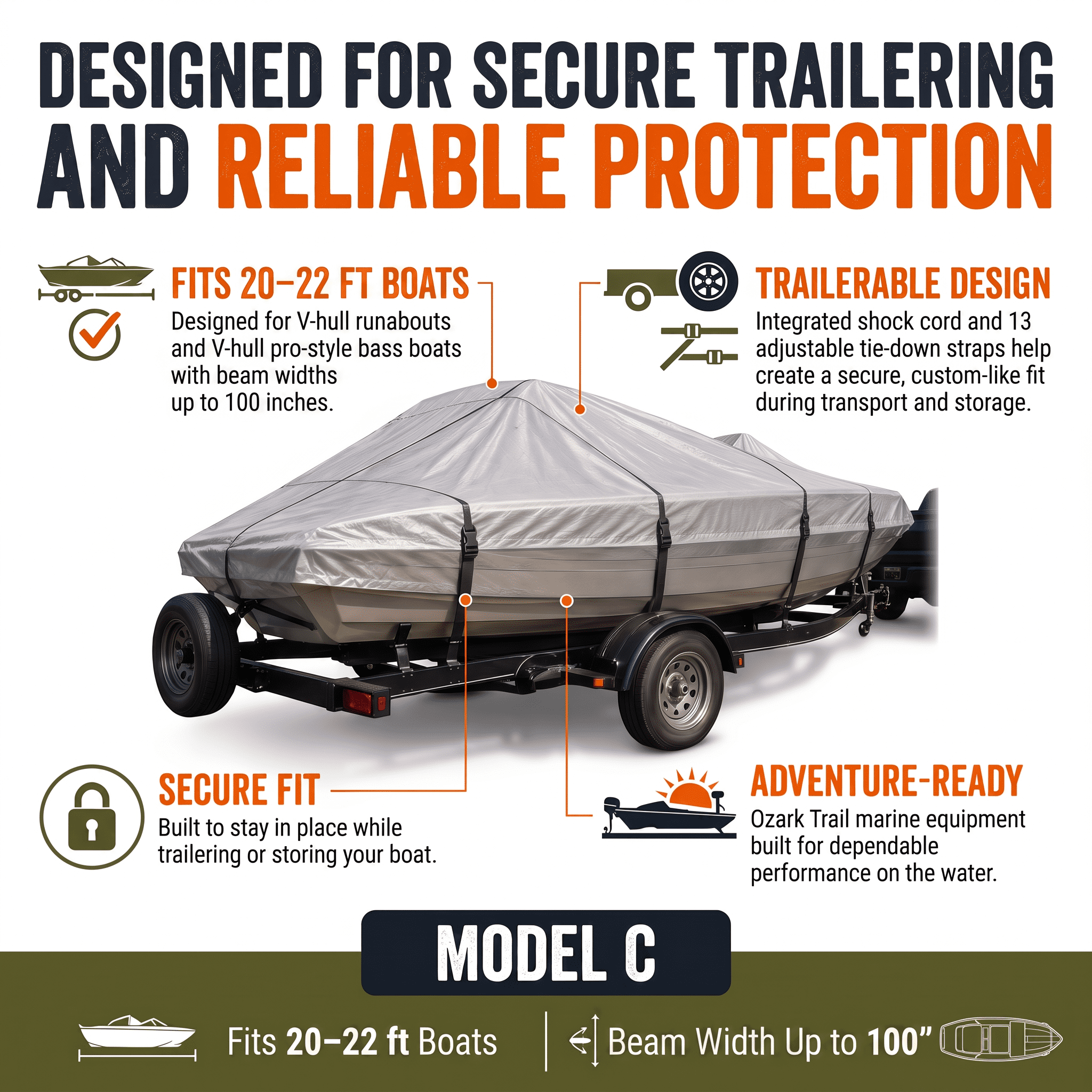 Ozark Trail Trailerable Boat Cover Model C, Fits 20-22 ft V-Hull Runabouts & Bass Boats, Gray