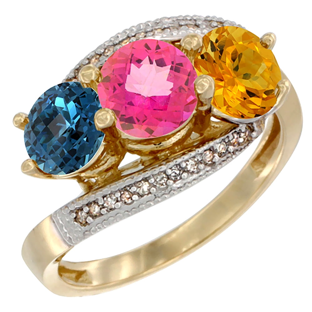 10K Yellow Gold Natural London Blue Topaz, Pink Topaz & Citrine 3 stone Ring Round 6mm Diamond Accent, sizes 5 10 by WorldJewels