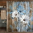 thumbnail image 2 of Farmhouse Flower Floral Shower Curtain, Rustic Blue Daisy Shower Curtain Set, Country Blue Wild Garden Plant Fabric Shower Curtain with Hooks, Brown Wooden Board Bathroom Curtain, 69x70inch, 2 of 3