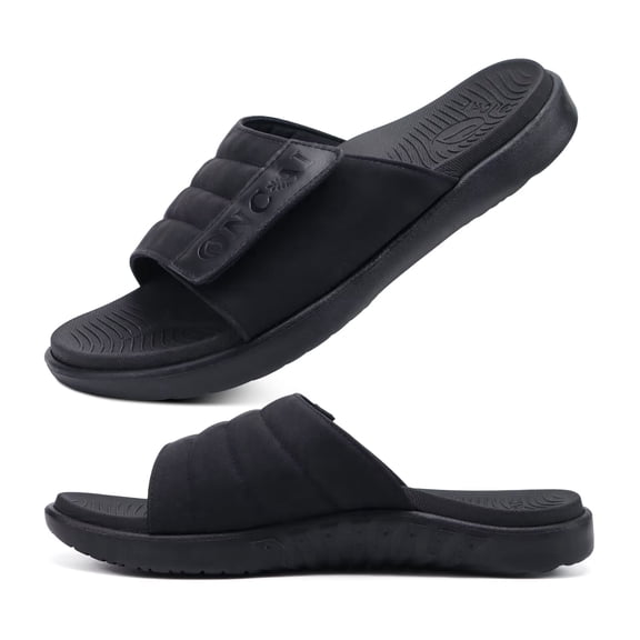 ONCAI Mens Sandals Adjustable Straps Orthotic Plantar Fasciitis Open Toe Athletic Sport Slides with Soft Comfy Arch Support Footbed Black Size 11