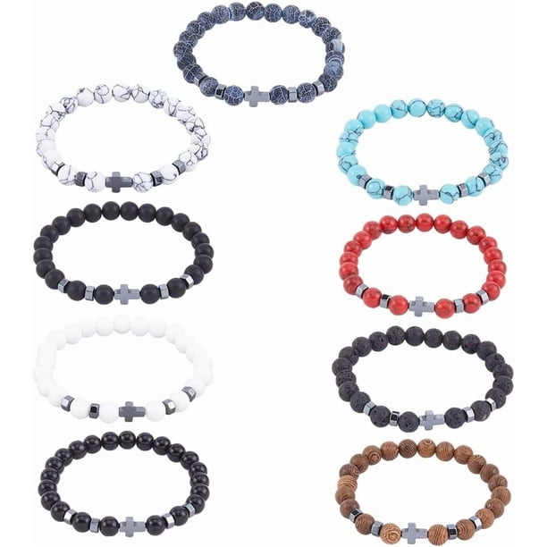 Juego de 9 pulseras de cuentas elásticas de hematita natural, pulseras de hematita de moda, brazaletes elásticos para la ansiedad.