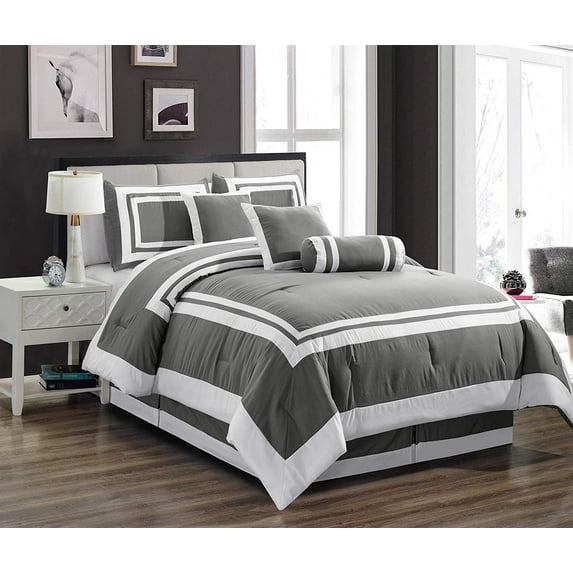 Unique Home Caprice Comforter Set 7 Piece Collections Bed Set Mordern Square Design Style Bedding Clearance Comforter Super Soft (CalKing, Gray)