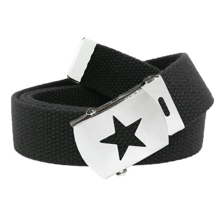 Women's Silver Star Slider Military Belt Buckle with Canvas Web Belt Small Black