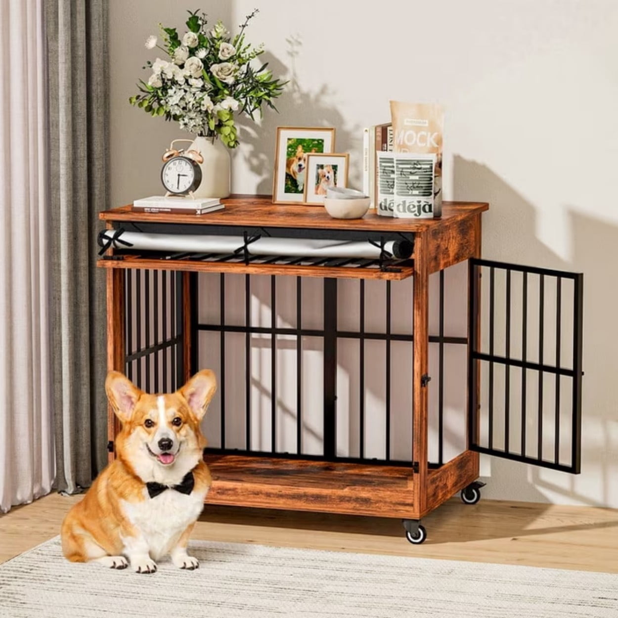 32" Dog Crate Furniture, Wooden Dog Kennel with Double Doors & Wheels, Indoor Dog Cage End Table for Small & Medium Dogs, Furniture Style Pet Crate, Brown