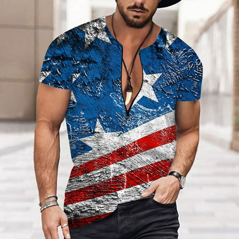 YUHAOTIN Male July 4Th Mens Oversized T Shirt Summer Independence Day Flag  Digital 3D Printing Zipper T Shirt Short Sleeve Shirt Men's T-Shirts  Packages Men's T-Shirts Packages 