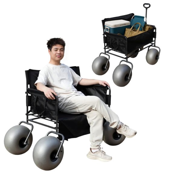 CRESTWALKER Beach Wagon Chair with 13‘’ Balloon Tires, Foldable Cart with Big Wheels for Sand, Converts into a 2-Person Bench Seat for Adults