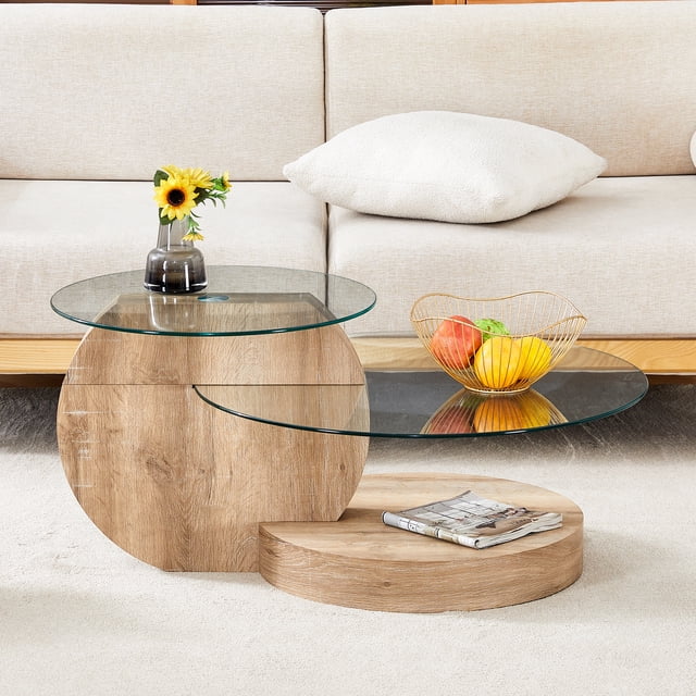 Modern Minimalist Tempered Glass Coffee Table,Natural Wood