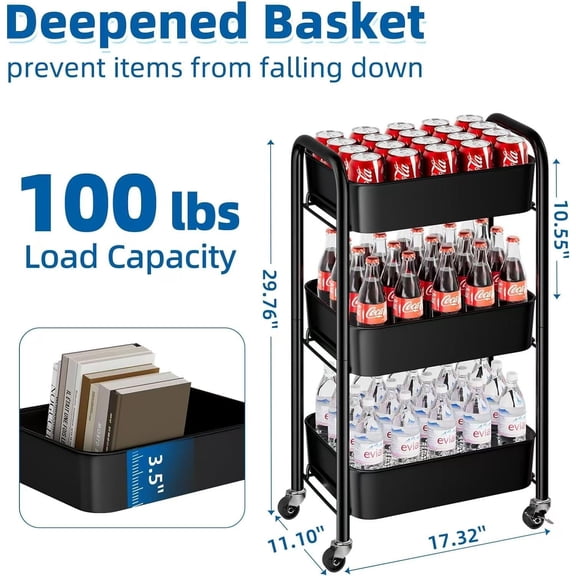 Heavy Duty Rolling Cart, Mesh Utility Storage Cart with Lockable Wheels for Kitchen, Bathroom, Office, 3-Tier Metal, Black