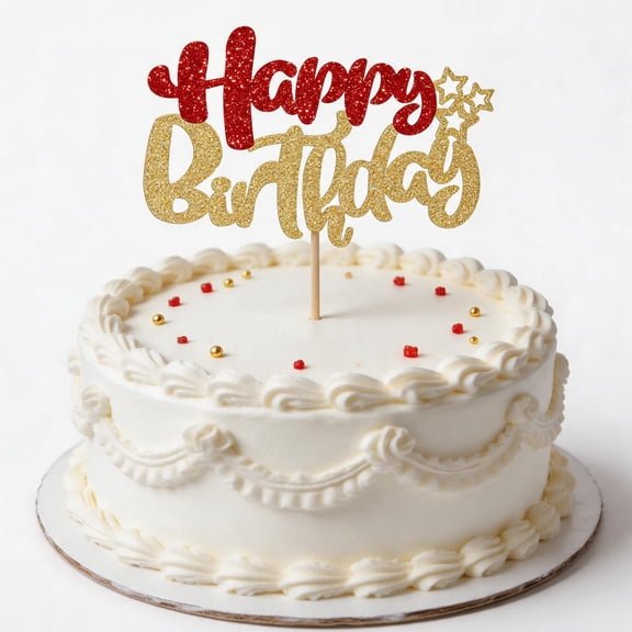 1Pcs Glitter Happy Birthday Cake Pick Cake Topper for Celebrating Wedding Anniversary Birthday Party Cake Decorations Supplies Red Gold