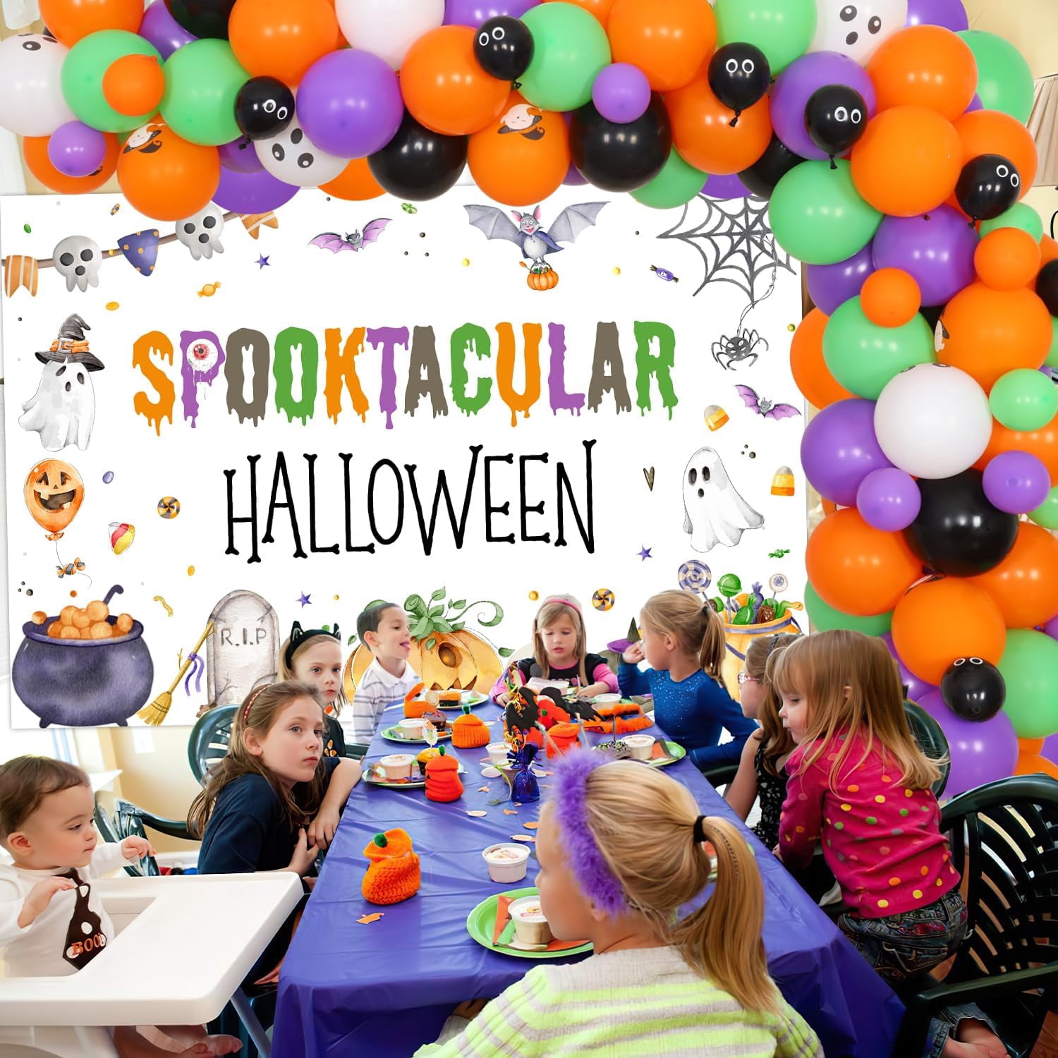 71Pcs Spooktacular Halloween Theme Party Decorations Spooktacular Halloween Pumpkin Bat Cemetery Backdrop Orange Purple Green Balloon Garland Arch Kit for Children Adult Halloween Party Decor Supplies