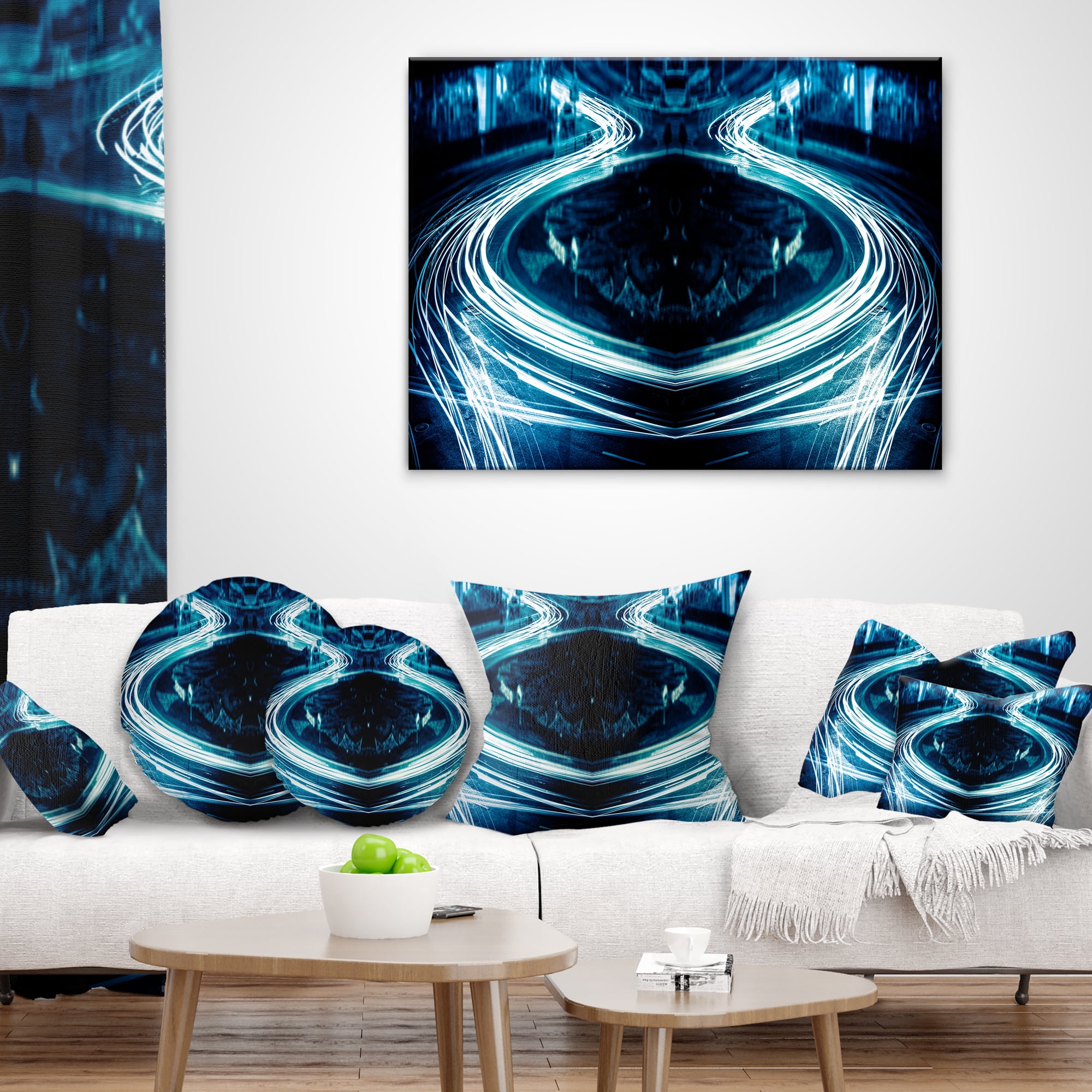 Designart Blue Light Trails - Abstract Throw Pillow - 16x16