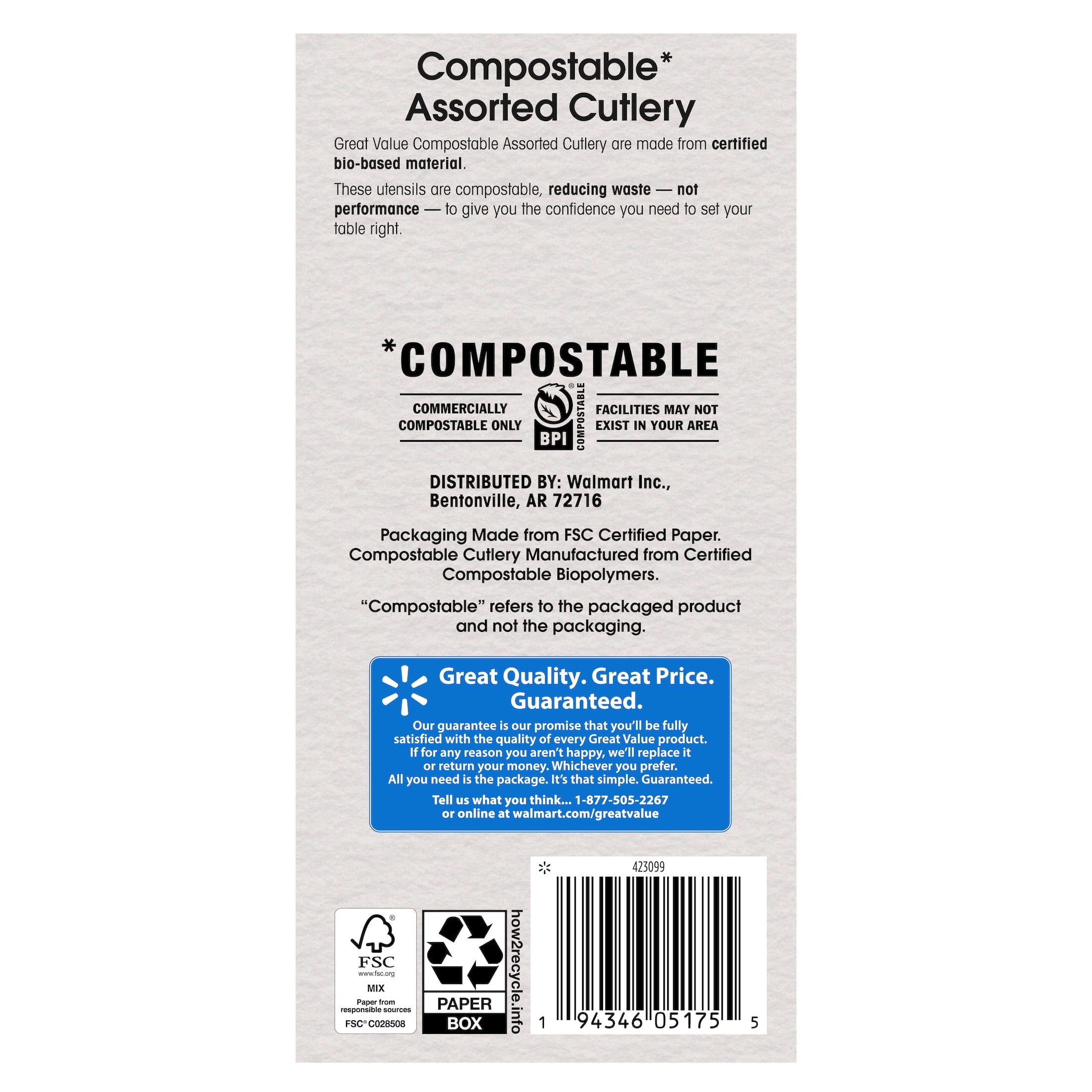 Great Value Disposable Compostable Biopolymer Cutlery, Residential Single Use, White, Set 48 Pack