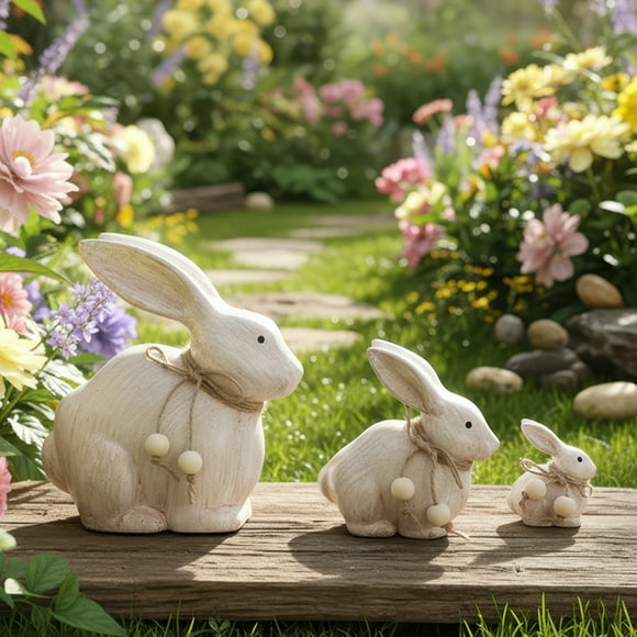 Famille de Trois Figurines de Lapin en Bois, Usavan Beige Décor de Pâques en Bois Fait à la Main, Statues de Lapin Sculptées en Bois de Haute Qualité pour Présentation sur Table et Étagère à la Maison