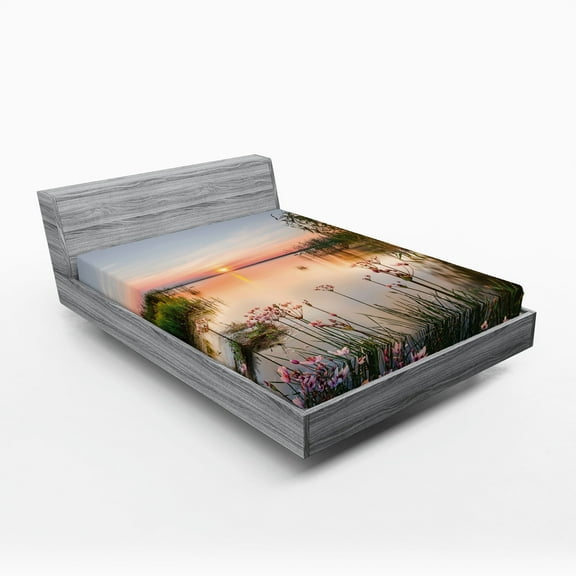 Ambesonne Nature Fitted Sheet, Sunset at Chudskoy Lake, Full Size, Pale Blue Pale Pink