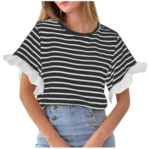 Women Striped Tops Ruffle Sleeve Casual Basic T Shirts Crewneck Short Sleeve Shirt Summer Outfits