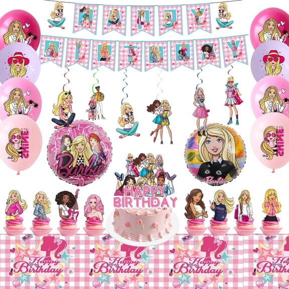 Barbi Birthday Party Supplies, Barbi Princess Party Decorations Set- Princess Barbi Birthday Decorations Banner Tablecloth & Barbi Balloons Cake Toppers etc Barbi Theme Party Supplies