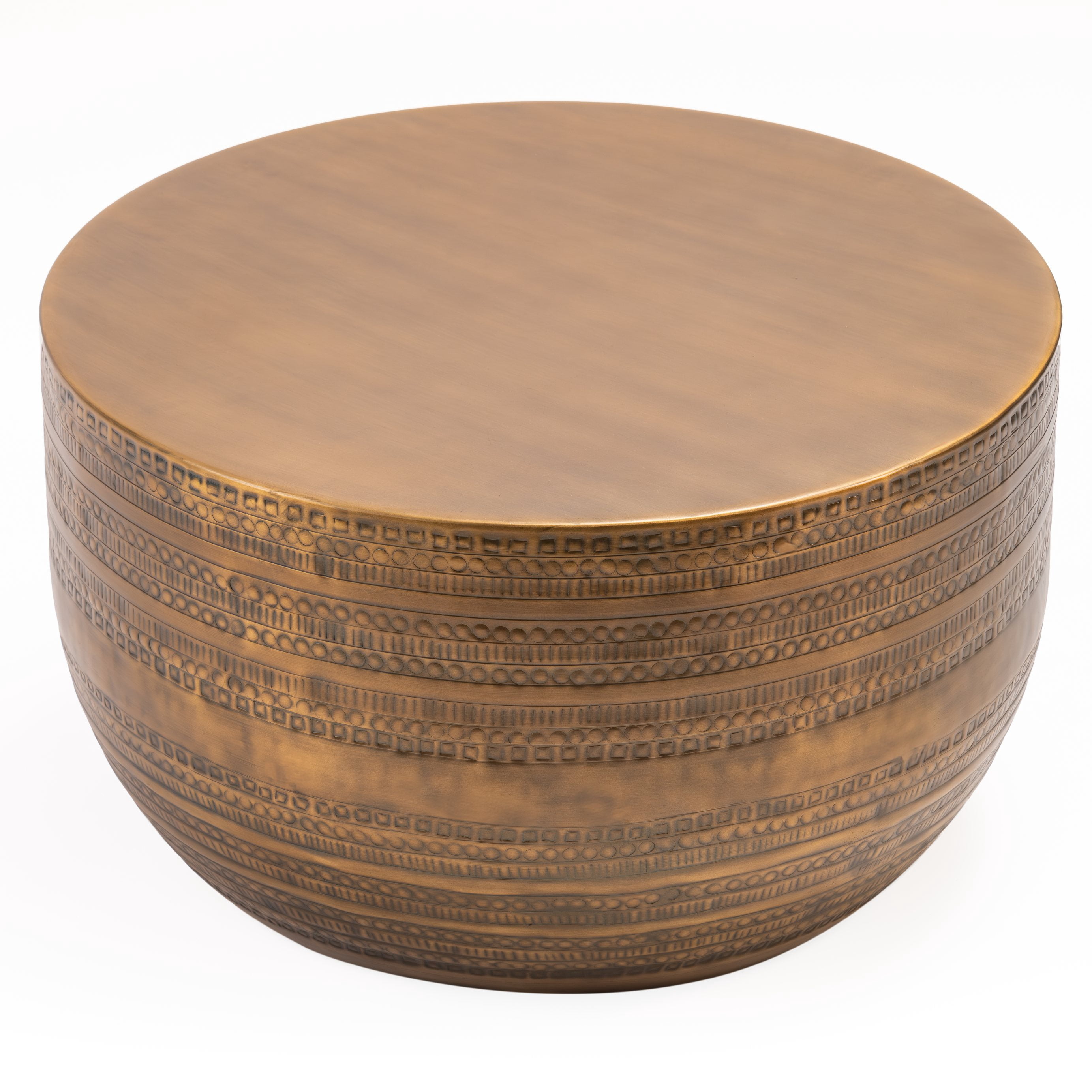Modern Round Aluminum Hammered Embossed Texturing Metal Drum Coffee Table, Hand-Stamped Iron, Boho Accent Cylinder Drum Coffee Table, Cocktail Table,Brass