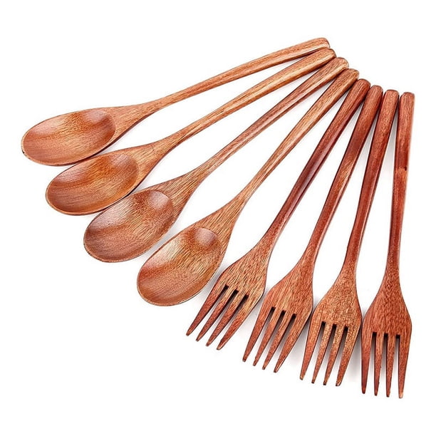 Juego de 8 cucharas y tenedores de madera, juego de utensilios de madera de estilo japonés, cuchara de cocina hecha a mano, juego de cubiertos de viaje reutilizables B