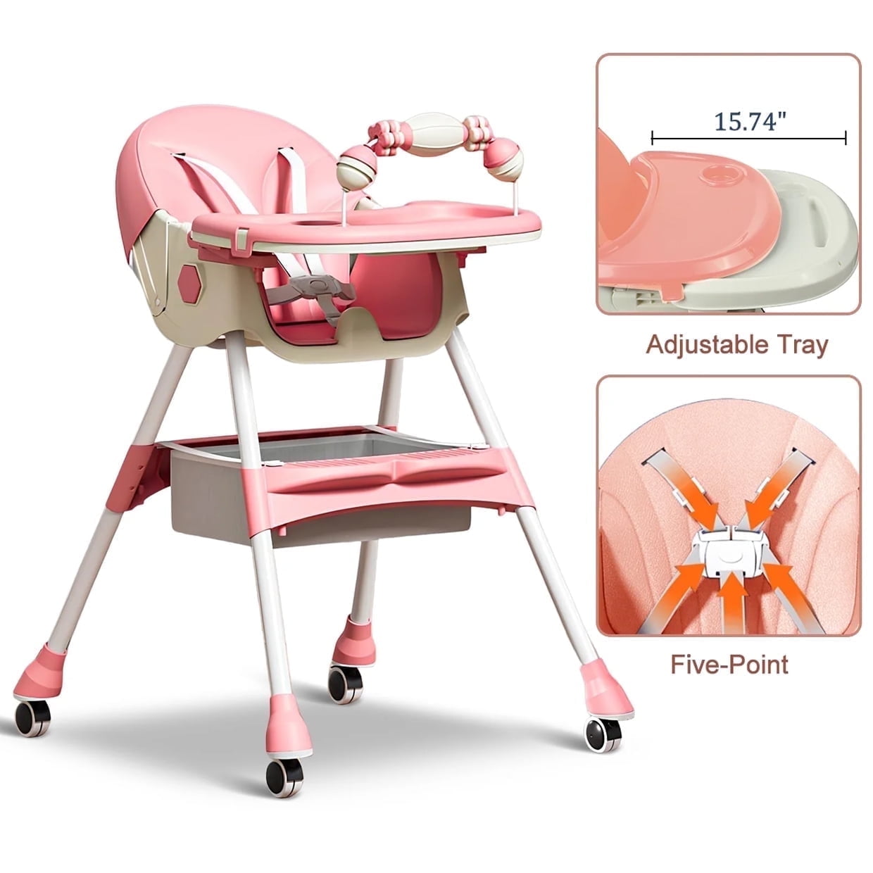 JieC Portable Baby High Chair for Infants & Toddlers with 5 Point Harness,Foldable Dining Feeding Chair with Double Dining Plate & Toy Rack,Pink
