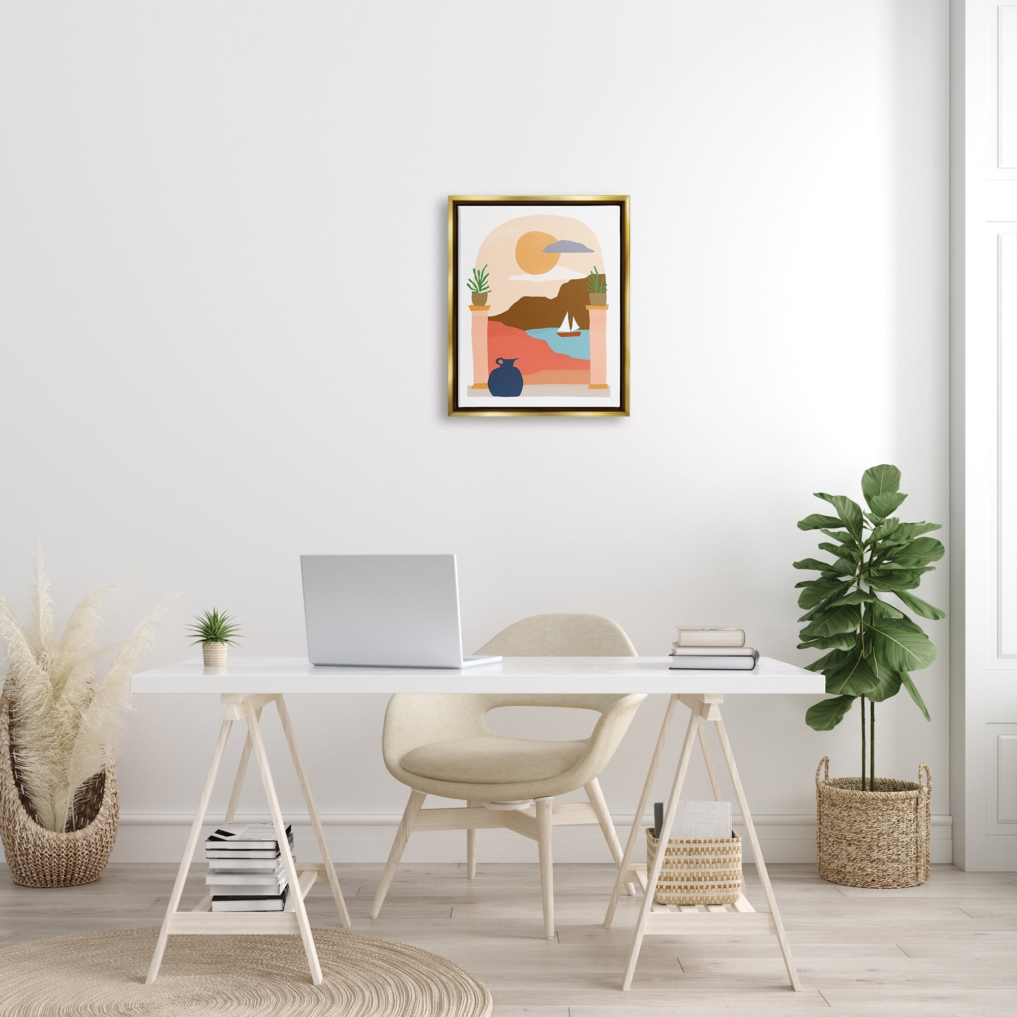 Stupell Industries Calm Distant Sailboat Arch Shaped Landscape Scene Graphic Art Metallic Gold Floating Framed Canvas Print Wall Art, Design by June Erica Vess