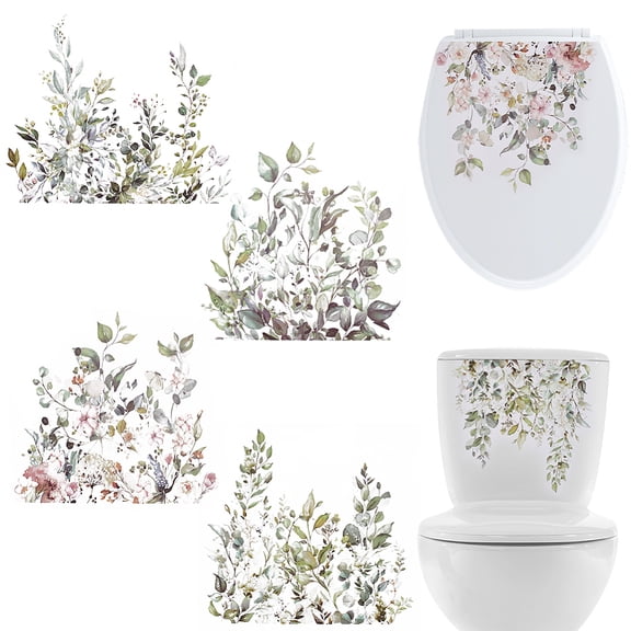 4 Sheets 4 Styles Plant Leaves Toilet Toilet Seat Lid Decals Self-Adhesive Bathroom Wall Toilet Cover Decor Decal PVC