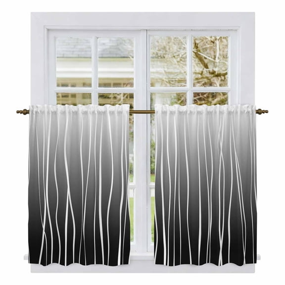 Black White Tier Curtains, Ombre Gradient Striped Minimalist Texture Light Filtering Kitchen Curtains, 2Pcs Rod Pocket Half Window Treatments Panels for Sink Cafe Cabinet Basement 27.5x45 Inches