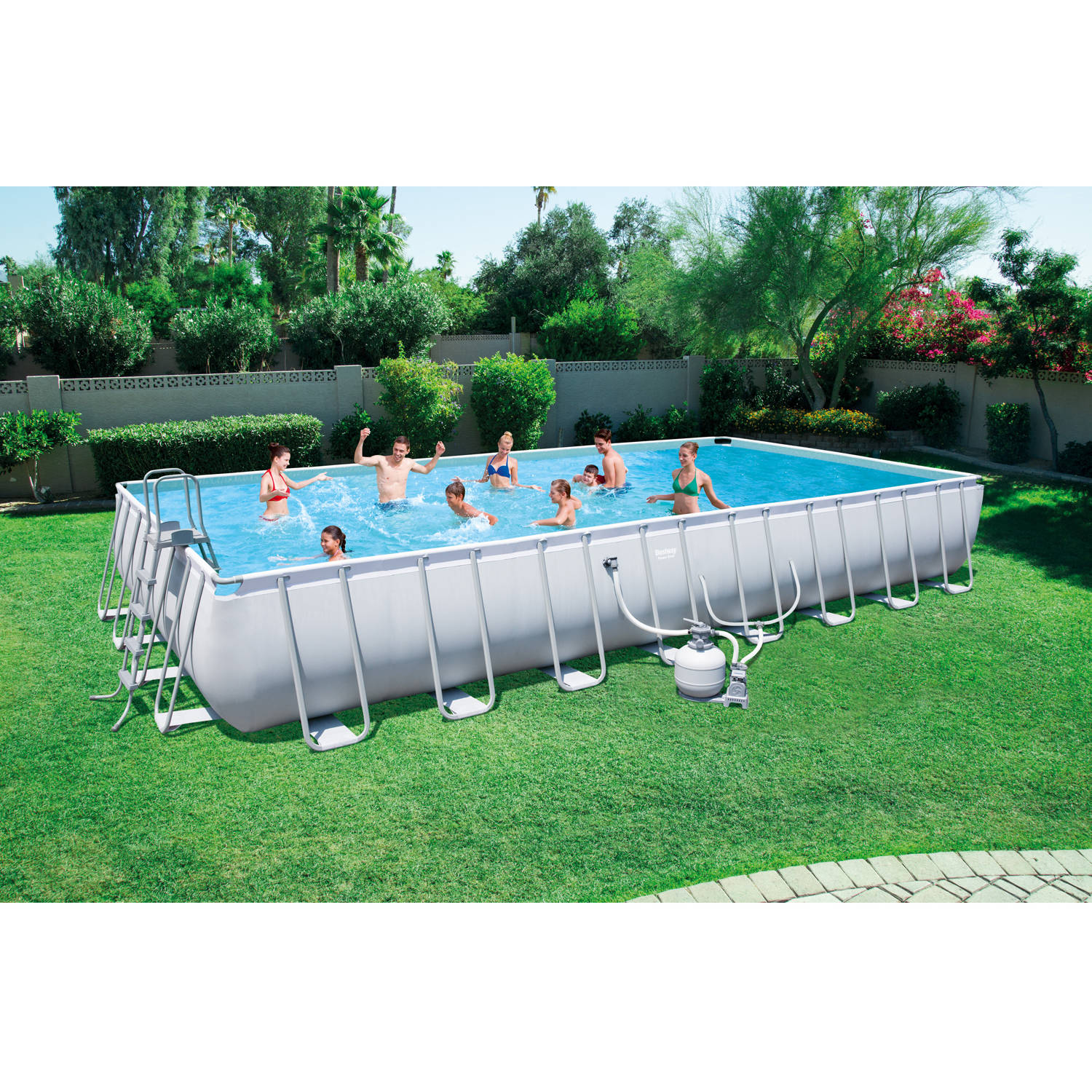 Power Steel 31.3′ x 16′ x 52″ Rectangular Frame Swimming Pool Set with Sand Filter Pump