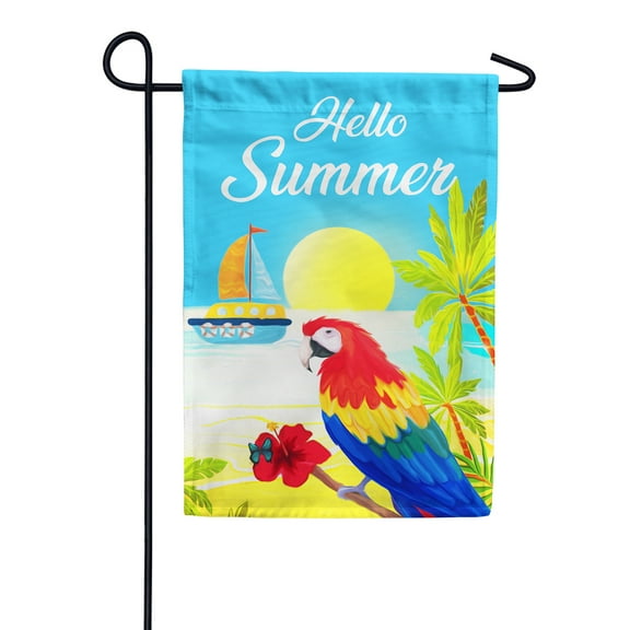 America Forever Hello Summer Macaw Paradise Garden Flag 12.5 x 18 inches Tropical Beach Parrot Bird Nautical Double Sided Seasonal Yard Outdoor Decorative Coastal Garden Flag
