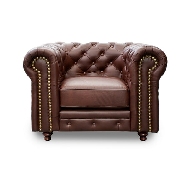 Sillón Individual de de Piel Genuina Clásico Capitonado, 1 plaza, Modelo Chesterfield P/V, Color Tabaco, Elegante, cómodo y Moderno, Hecho en Mexico. Medidas 110 X 90 X 80 cm.