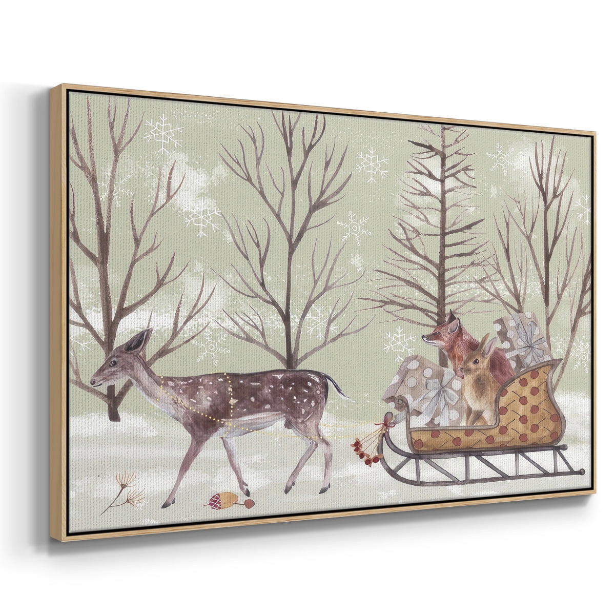 Christmas Time II - Framed Gallery Wrapped Holiday Canvas - 25 x 37 - Natural Wood Frame