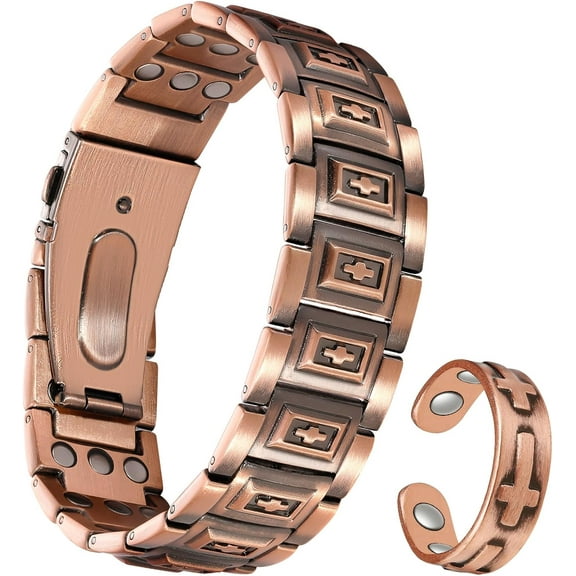 Wollet 3X Copper Magnetic Bracelet Ring for Men 3500 Gauss Magnets, Adjustable Copper Jewelry Gift Set of 2
