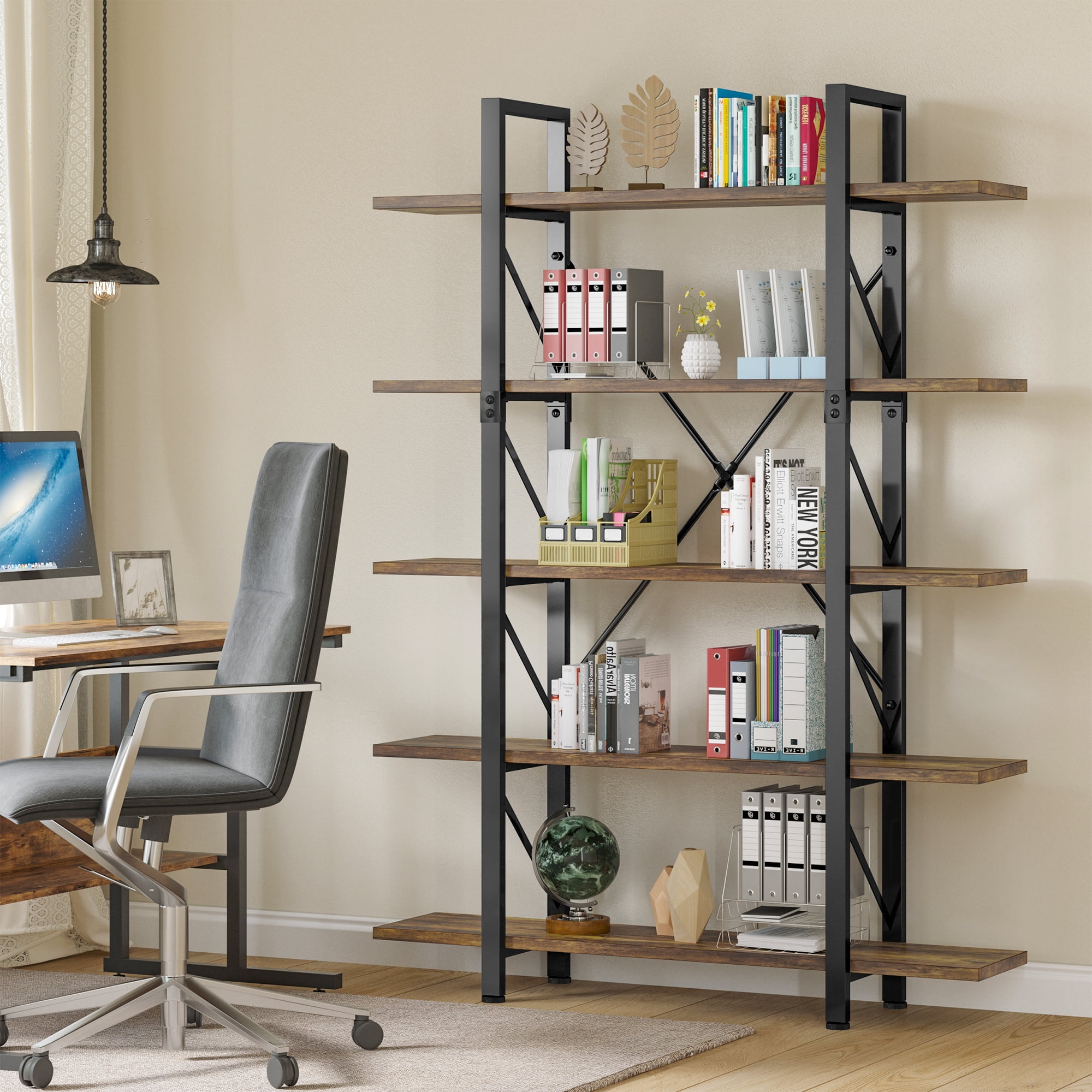 Dextrus 5-Tier Bookcase, Modern Bookshelf Storage Organizer, Free Standing Display Shelf with Metal Frame for Home Office, Office Room, Brown