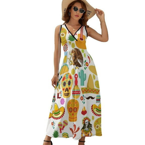 Fiesta Time! Mexican Icons Womens Night Club Maxi Dress V Neck Sleeveless Bohemia Long Dresses