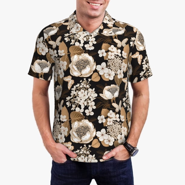 Fotbe Retro Hydrangeas Camiseta Polo de Golf para Hombre con Estampado – Camisa Deportiva Transpirable con Cuello Abotonado-Medium