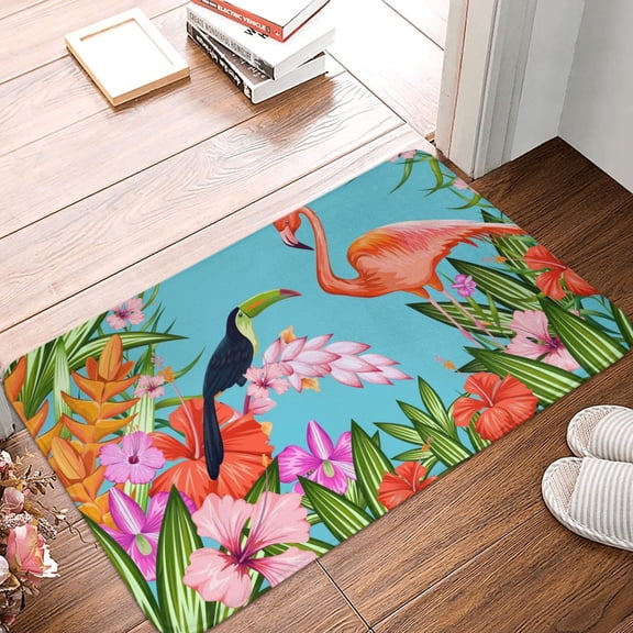 Front Door Mat Indoor Outdoor Outside Entrance - 16*24in Washable Tropical Jungle Flamingo Thin Bathroom Rugs Fit Under Door, Bath Rugs for Bathroom, Kitchen Rugs Mats for Floor