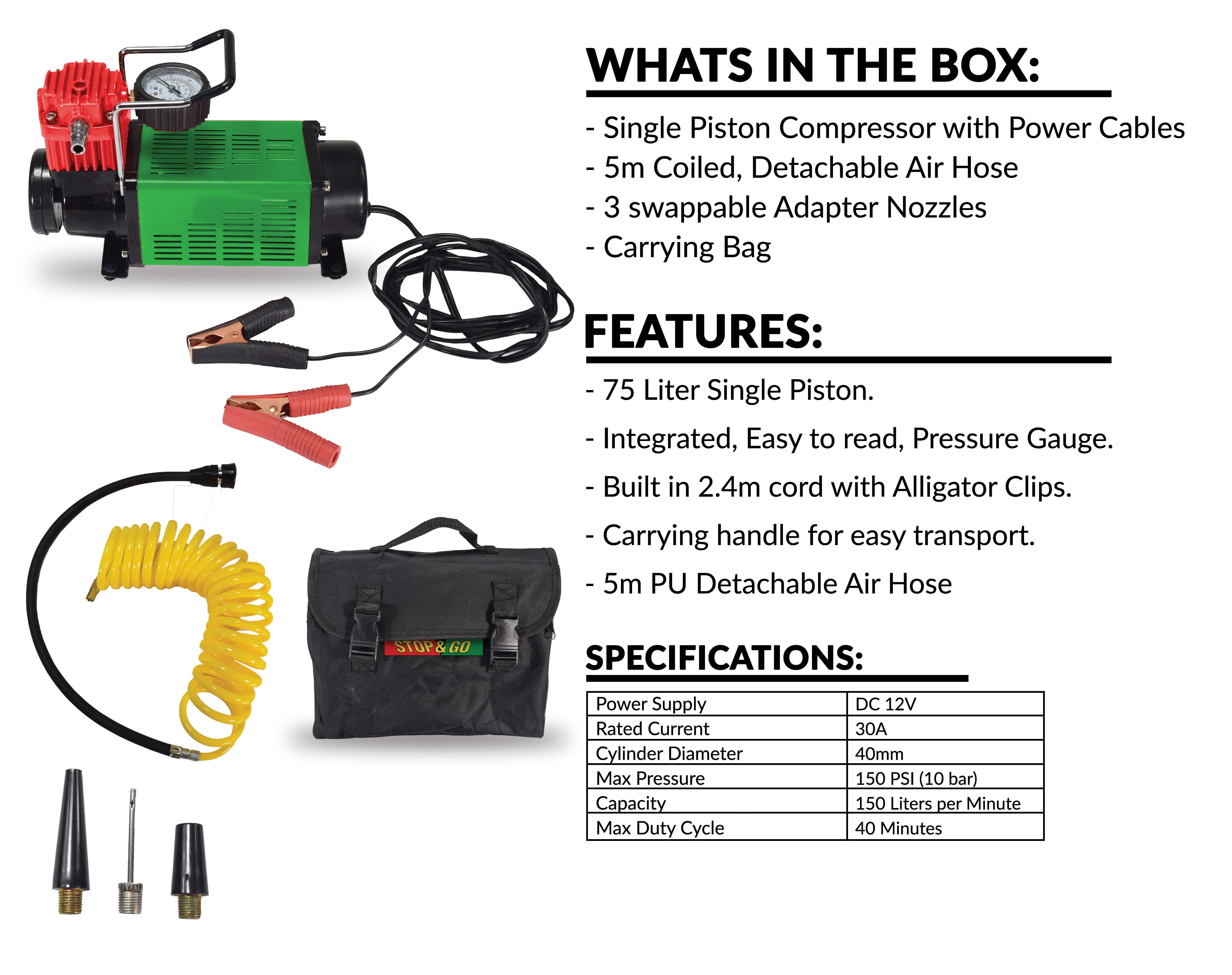 Stop & Go 12 volt Single Piston Tire Inflator