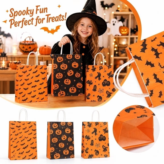 12PC Halloween Themed Gift Bags Kraft Paper Bags for Party Candy Treats and Favors Decorative Handheld Bags for Seasonal Holiday Celebrations and Gift Giving, 1Pack A