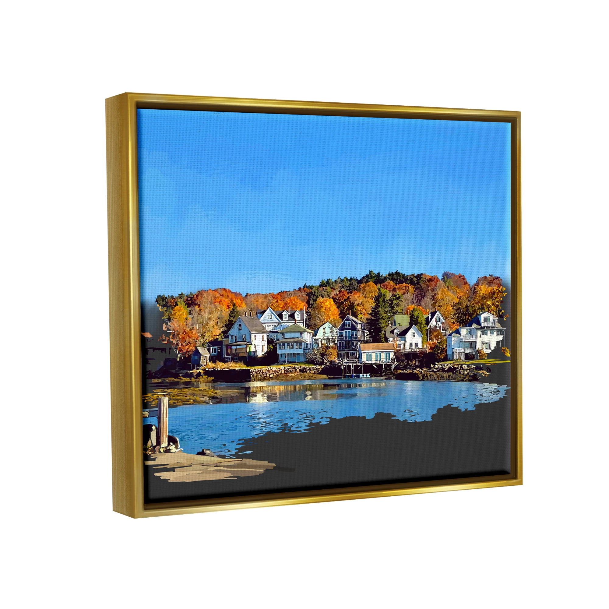 Stupell Industries Autumn Lake Dock Foliage Town & City Photography Gold Floater Framed Art Print Wall Art