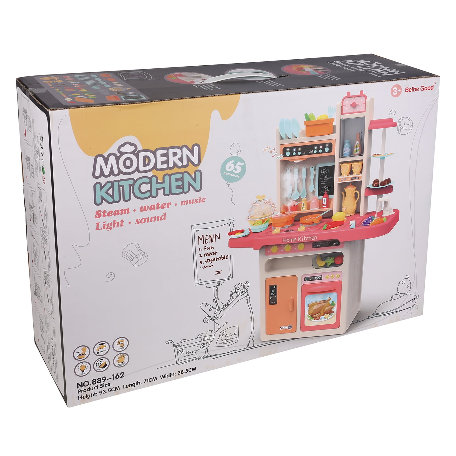 65-Piece Kids Pretend Play Kitchen Set with Play Food, Pots, Pans, Utensils, Plates and Menu Board