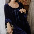 thumbnail image 5 of Defitshape Women's Warm Long Sleeve Nightgown Tea Length NightdressVelvet Sleep Dress Vintage Lace Pleated Navy Small, 5 of 5